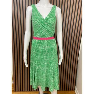 BCBGMaxAzria Women's Dress Midi Belted Stretch V Neck XS Green Geometric Travel